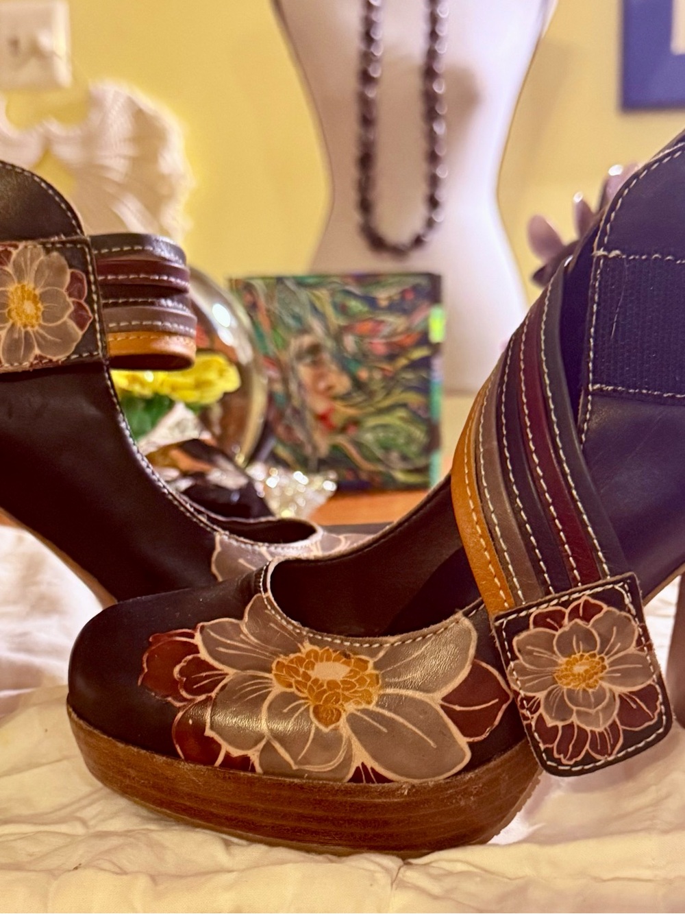 L'ATISTE Black Leather Floral Mary Jane Heels with Wood Block Heel